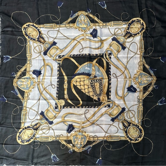 Designer 100% Silk Scarf with Gold and Black Pattern - Picture 1 of 6